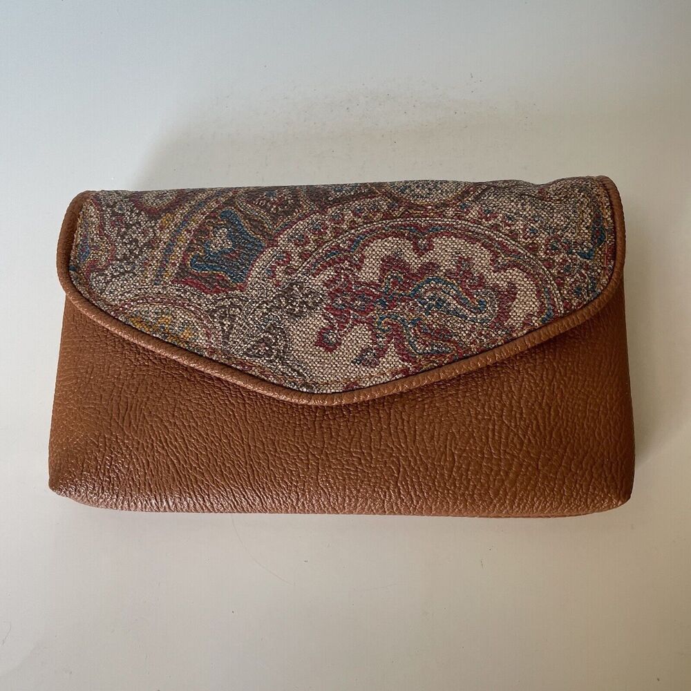 Vintage Lady Ronte Paisley Tapestry Clutch Brown Faux Leather Incomplete See Pix